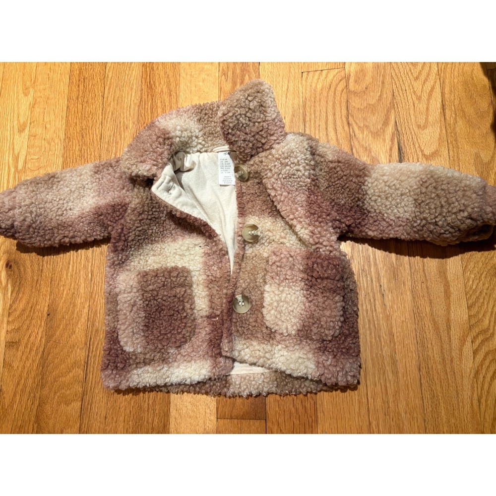 HM Baby Teddy Fleece Jacket Mauve Plaid Faux Fur Coat 4-6M US 6M